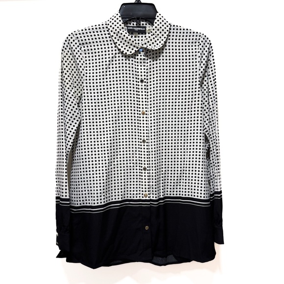Karl Lagerfeld Paris Polka Dot Tie-Neck Blouse - Black & White Colorblock - S - Picture 5 of 8